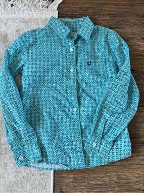 NWOT Girls Teal Geometric Long-Sleeve Button-Down Western Shirt